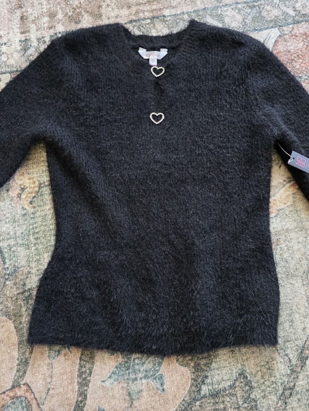 Black Fuzzy Heart-Button Sweater - Women